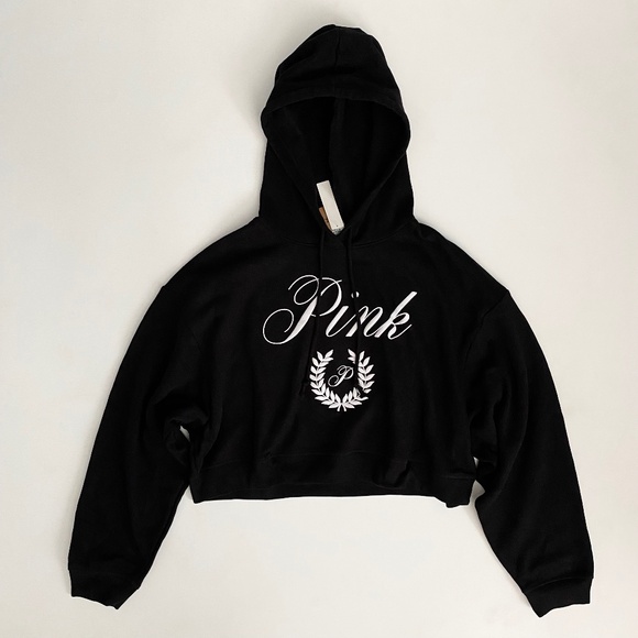 PINK Victoria's Secret Sweaters - PINK Victoria's Secret Hoodie Hooded Sweater Sweatshirt Cropped Black w/ Logo